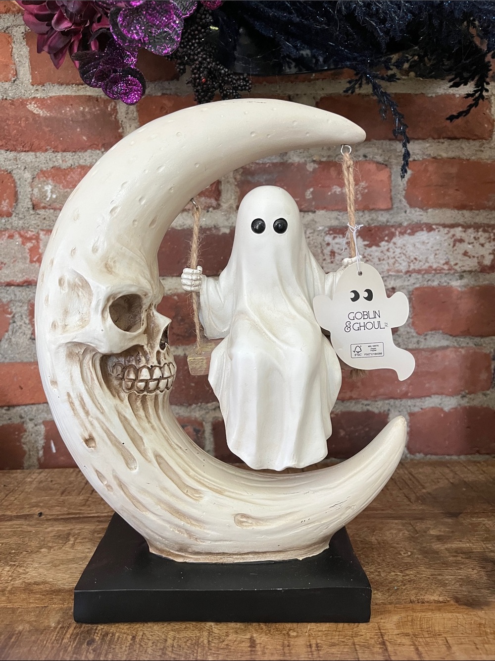 White Ghost on Crescent Moon Halloween Figurine